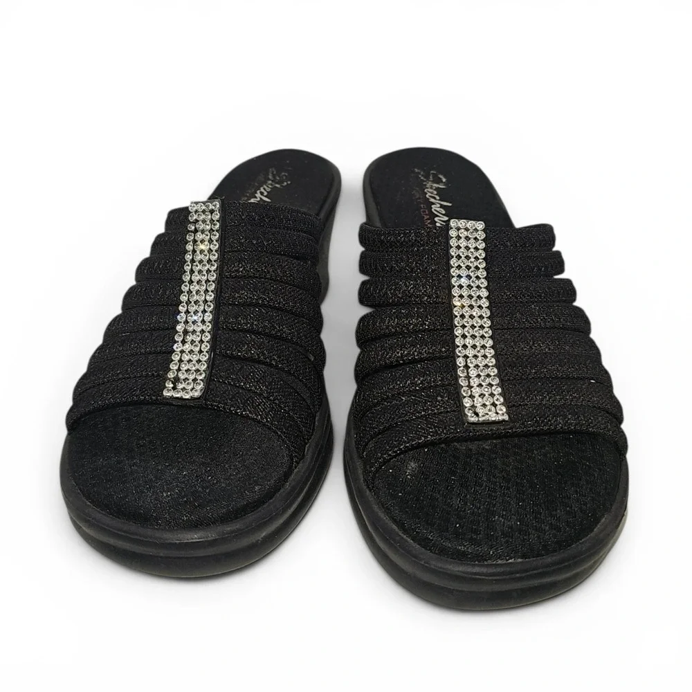 Skechers Cali Memory Foam Rumblers Hotshot Black Wedge Slide w/Rhinestones Sz 9‎